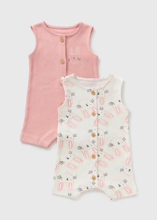 2 Pack Baby Pink Bunny Ribbed Rompers (Newborn-18mths)