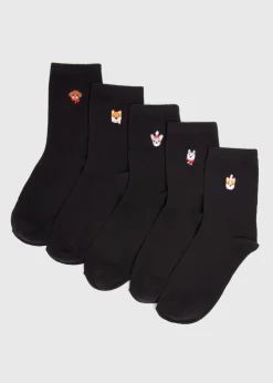 5 Pack Black Dog Embroidered Crew Socks