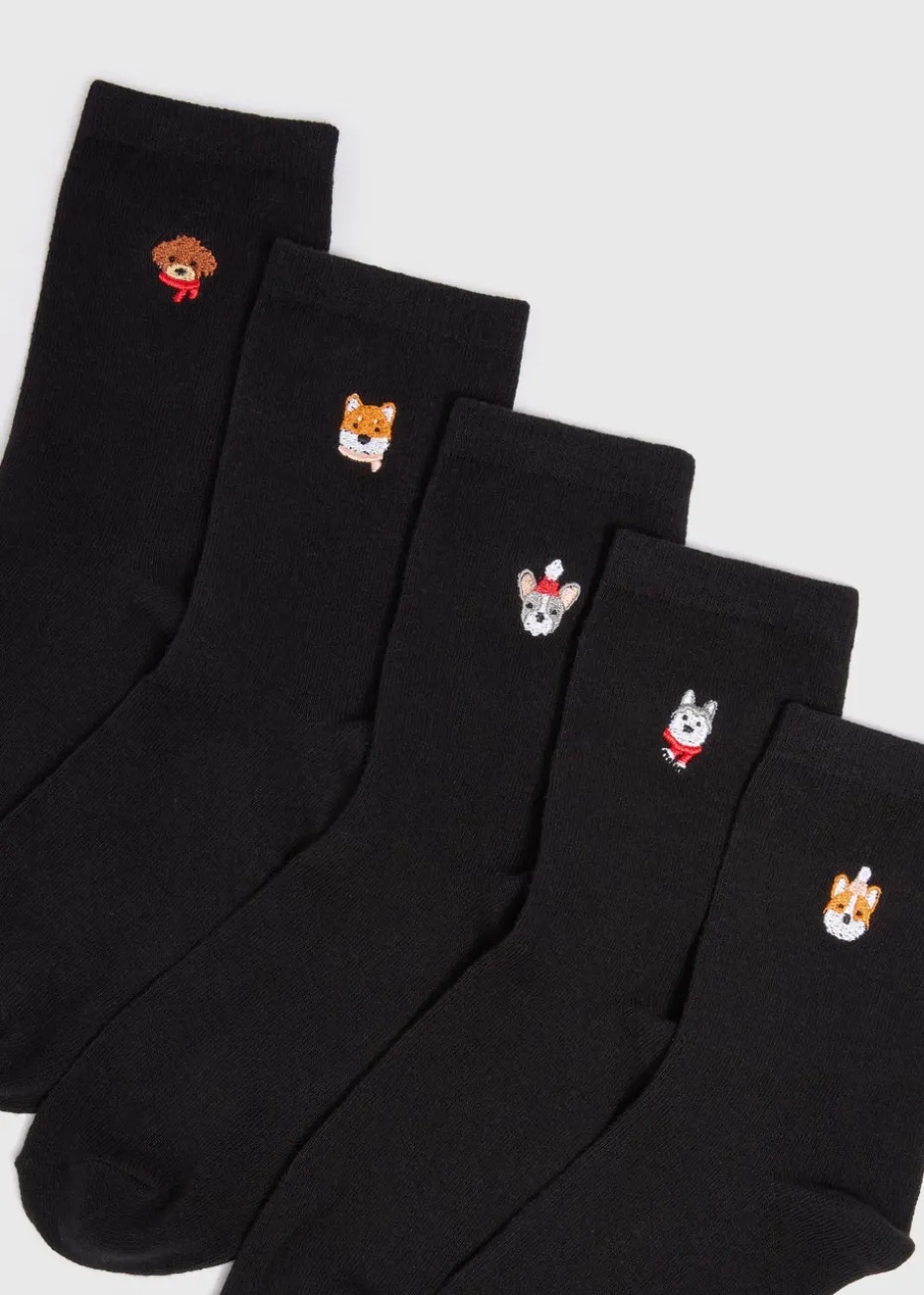5 Pack Black Dog Embroidered Crew Socks