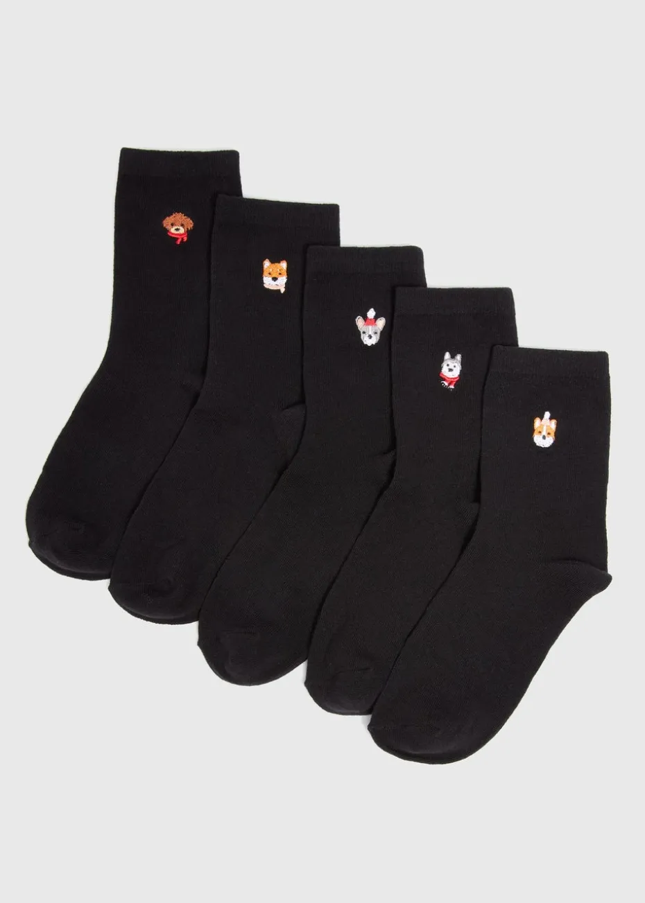 5 Pack Black Dog Embroidered Crew Socks