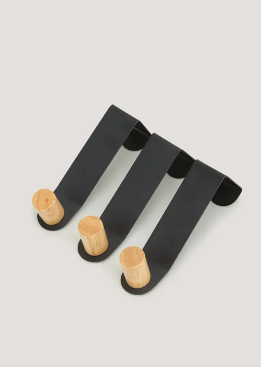 3 Pack Black Metal & Wood Hooks (12cm x 3cm x 3cm)