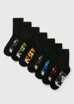 7 Pack Boys Black Camo Socks (Younger 6-Older 6.5)
