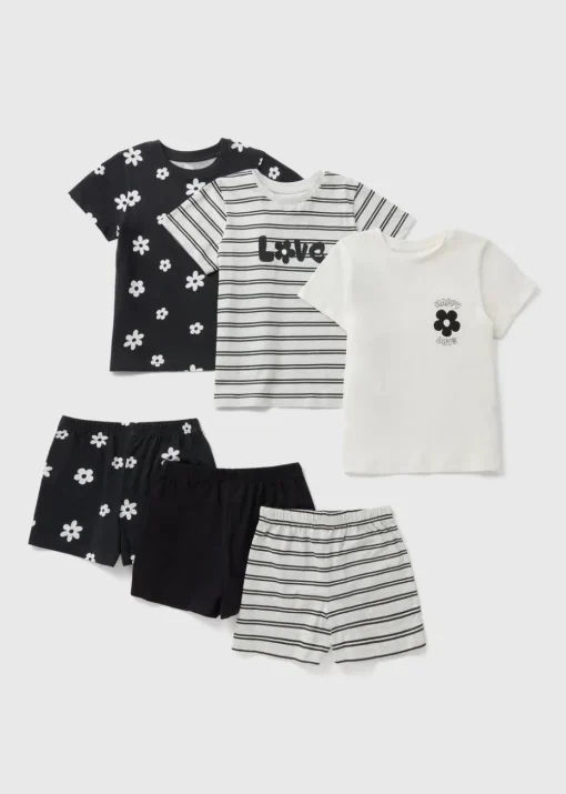 3 Pack Girls Black Daisy Shorts Pyjama Set (7-13yrs)