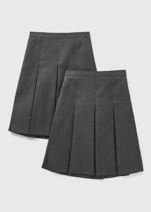 2 Pack Girls Grey Pleated Long Length School Skirts (3-16yrs)