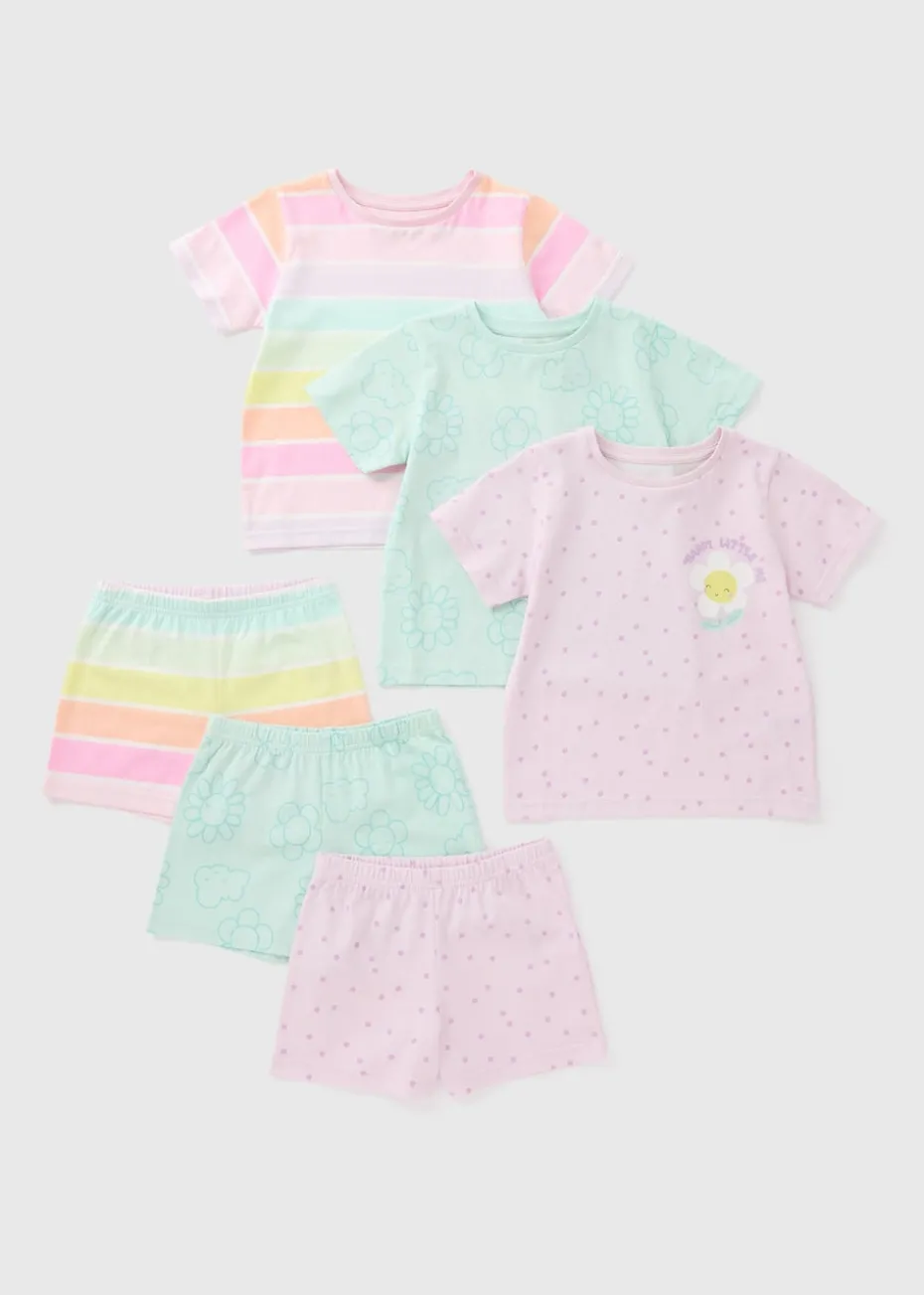 3 Pack Girls Multicolour Rainbow Flower Pyjama Set (1-7yrs)