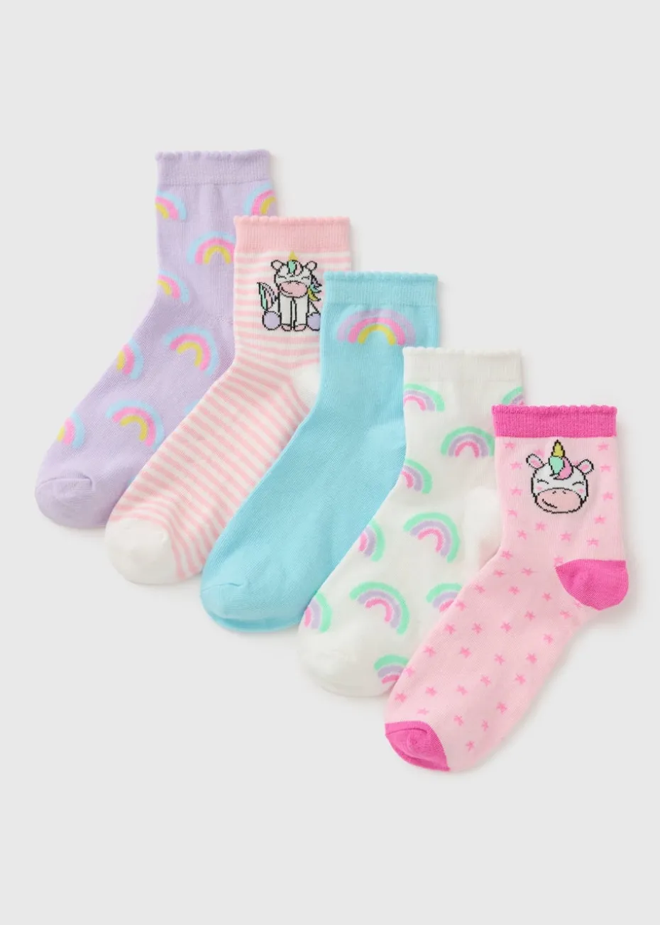 5 Pack Girls Pink Unicorn Socks (Younger 6-Older 6.5)