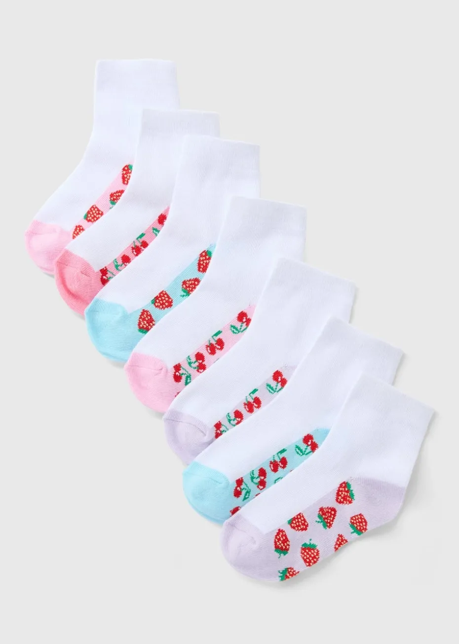 7 Pack Girls White Fruit Socks (Younger 6-Older 6.5)