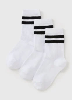 3 Pack Girls White Stripe Sports Socks (Younger 6-Older 6.5)