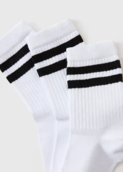 3 Pack Girls White Stripe Sports Socks (Younger 6-Older 6.5)