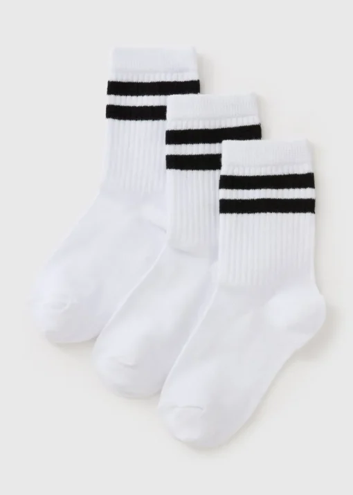 3 Pack Girls White Stripe Sports Socks (Younger 6-Older 6.5)