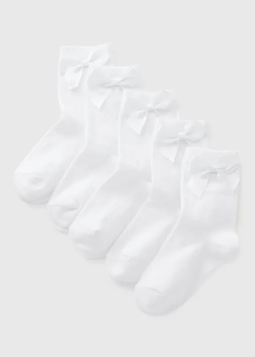 5 Pack Kids White Bow Socks (Younger 9-Older 6.5)
