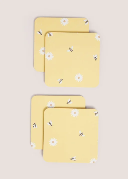 4 Pack Light Yellow Daisy Bee Cork Coasters