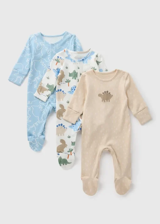 3 Pack Multicolour Dino Sleepsuits (Newborn-18mths)