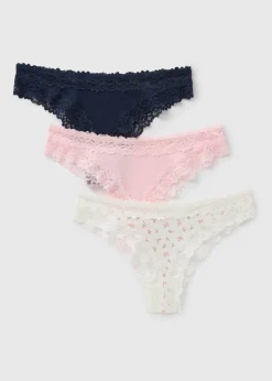 3 Pack Multicolour Lace Trim Brazilian Knickers