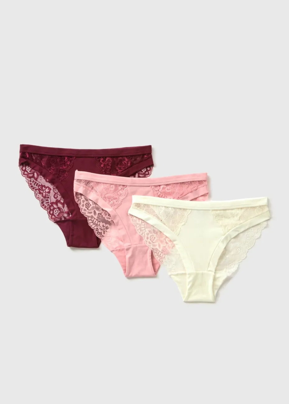 3 Pack Multicoloured High Leg Lace Detail Knickers