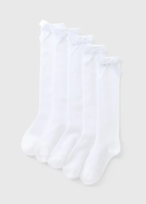 5 Pack of White Bow Knee High Socks (Younger 6-Older 6.5)