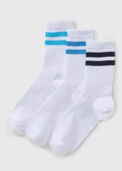 3 Pack White Blue Stripe Sports Socks (Younger 6-Older 6.5)
