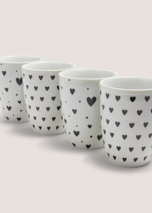 4 Pack White Heart Mugs