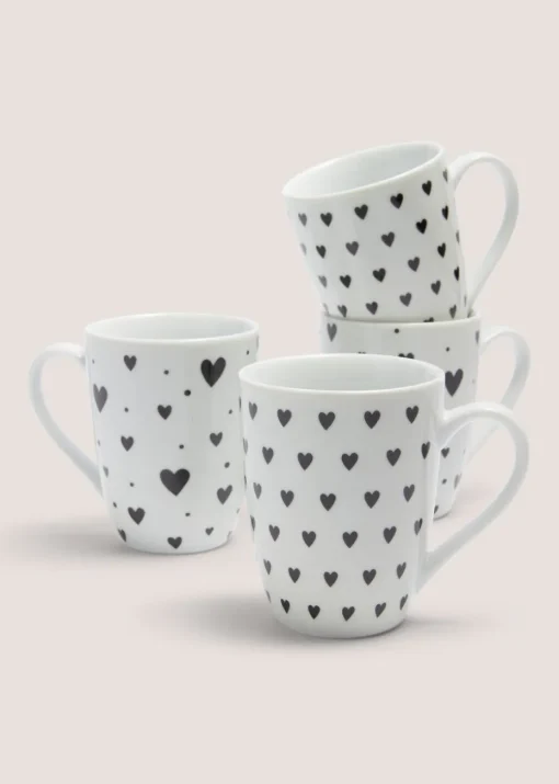 4 Pack White Heart Mugs