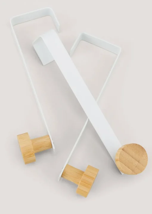 3 Pack White Metal & Bamboo Hooks (12cm x 3.5cm x 3cm)