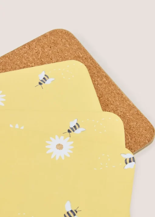 4 Pack Yellow Daisy Bee Cork Coasters