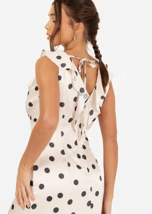 Anaya With Love White Satin Polka Dot Asymmetric Midi Dress