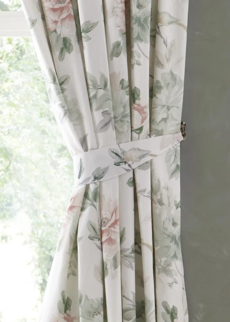 Appletree Heritage Campion Sateen Green Pencil Pleat Curtains With Tie-Backs