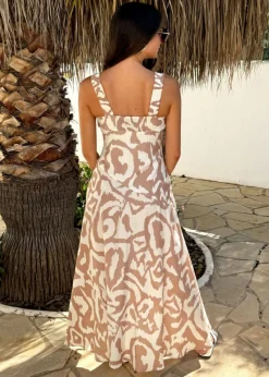 AX Paris Beige Abstract Print Shirred Straps Button Detail Midi Dress