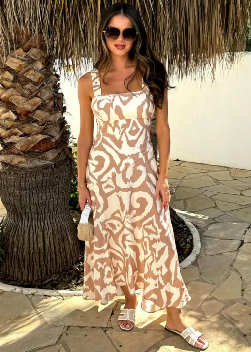 AX Paris Beige Abstract Print Shirred Straps Button Detail Midi Dress