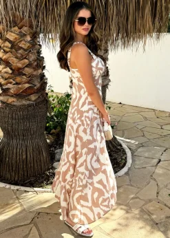 AX Paris Beige Abstract Print Shirred Straps Button Detail Midi Dress