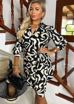 AX Paris Black & Cream Abstract Print 3/4 Sleeves Waist Side Tie Mini Dress