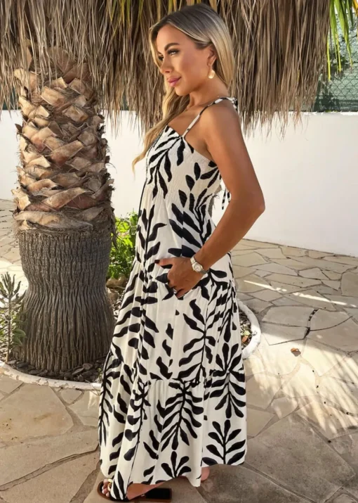 AX Paris Black & White Leaf Print Tie Neck Shirred Top Smock Midi Dress