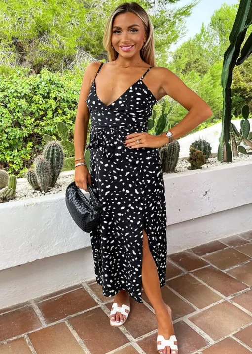 AX Paris Black & White Spot Printed Strappy Wrap Top Tie Waist Midi Dress