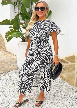 AX Paris Black & White Zebra Print Flutter Sleeve Midi Dress