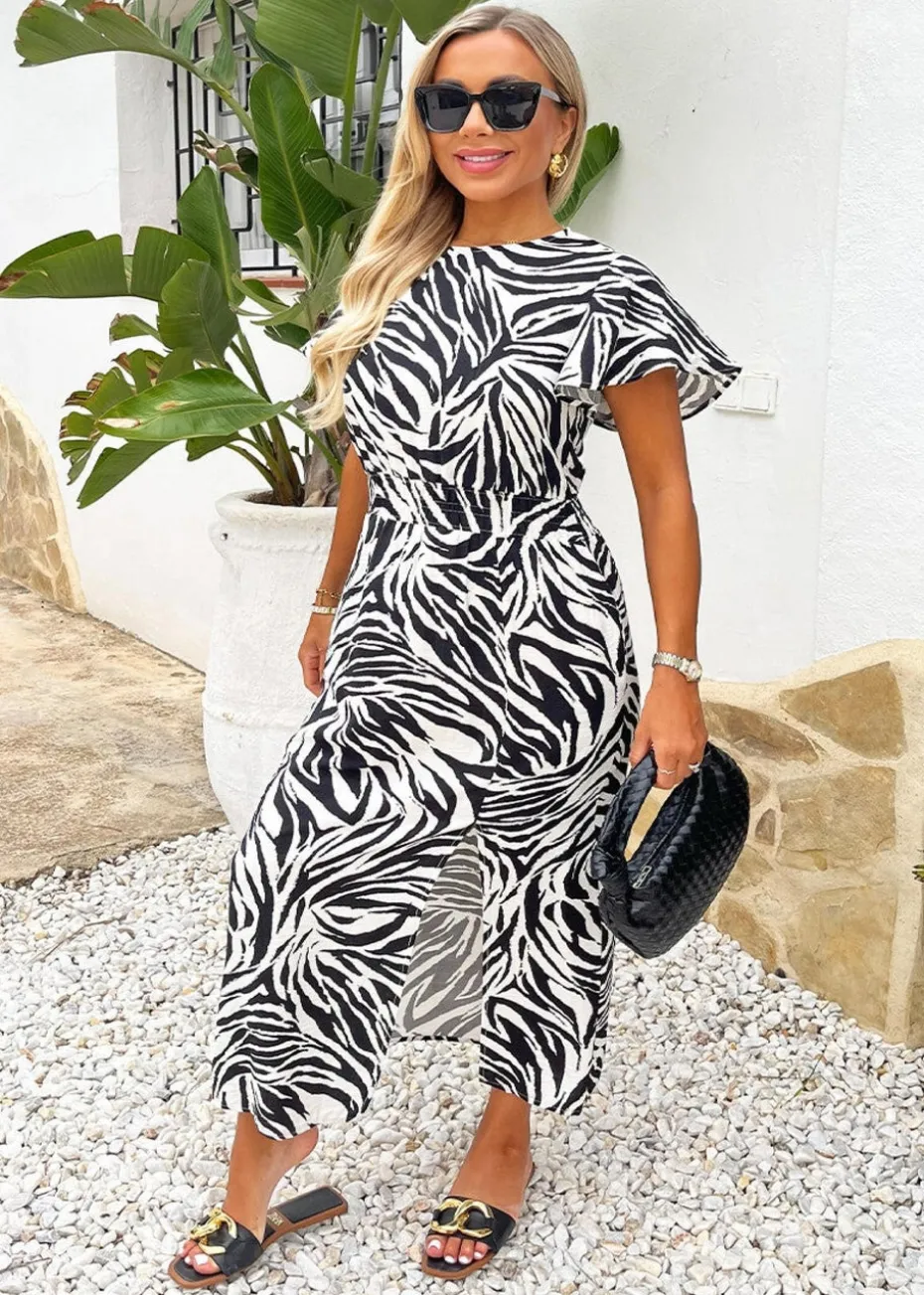 AX Paris Black & White Zebra Print Flutter Sleeve Midi Dress