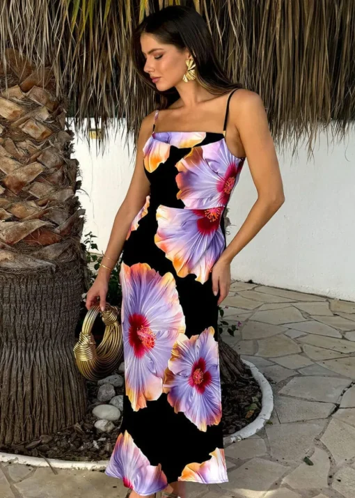 AX Paris Black And Lilac Floral Print Strappy Slip Midi Dress