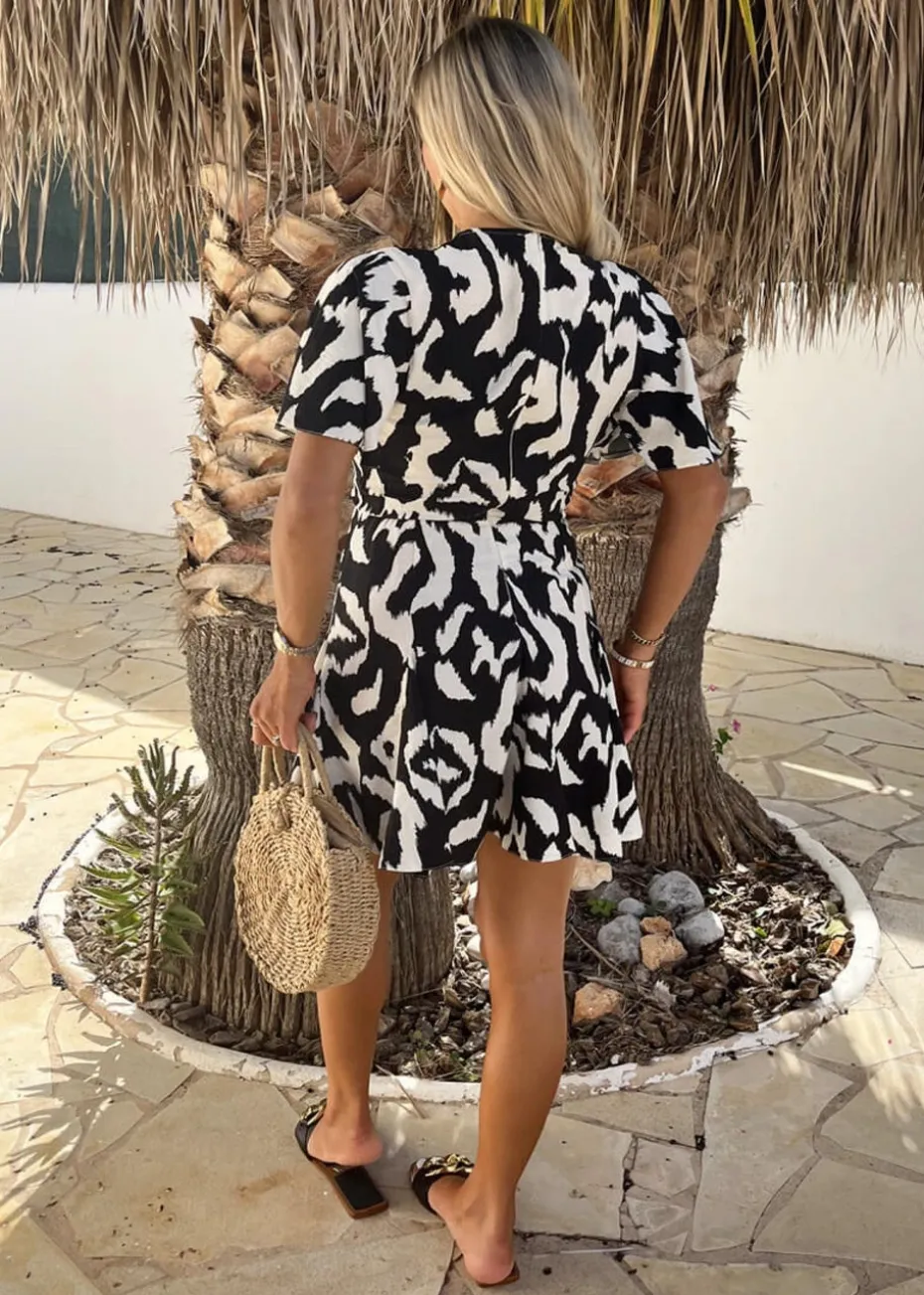 AX Paris Black And White Abstract Print Wrap Top Skater Mini Dress