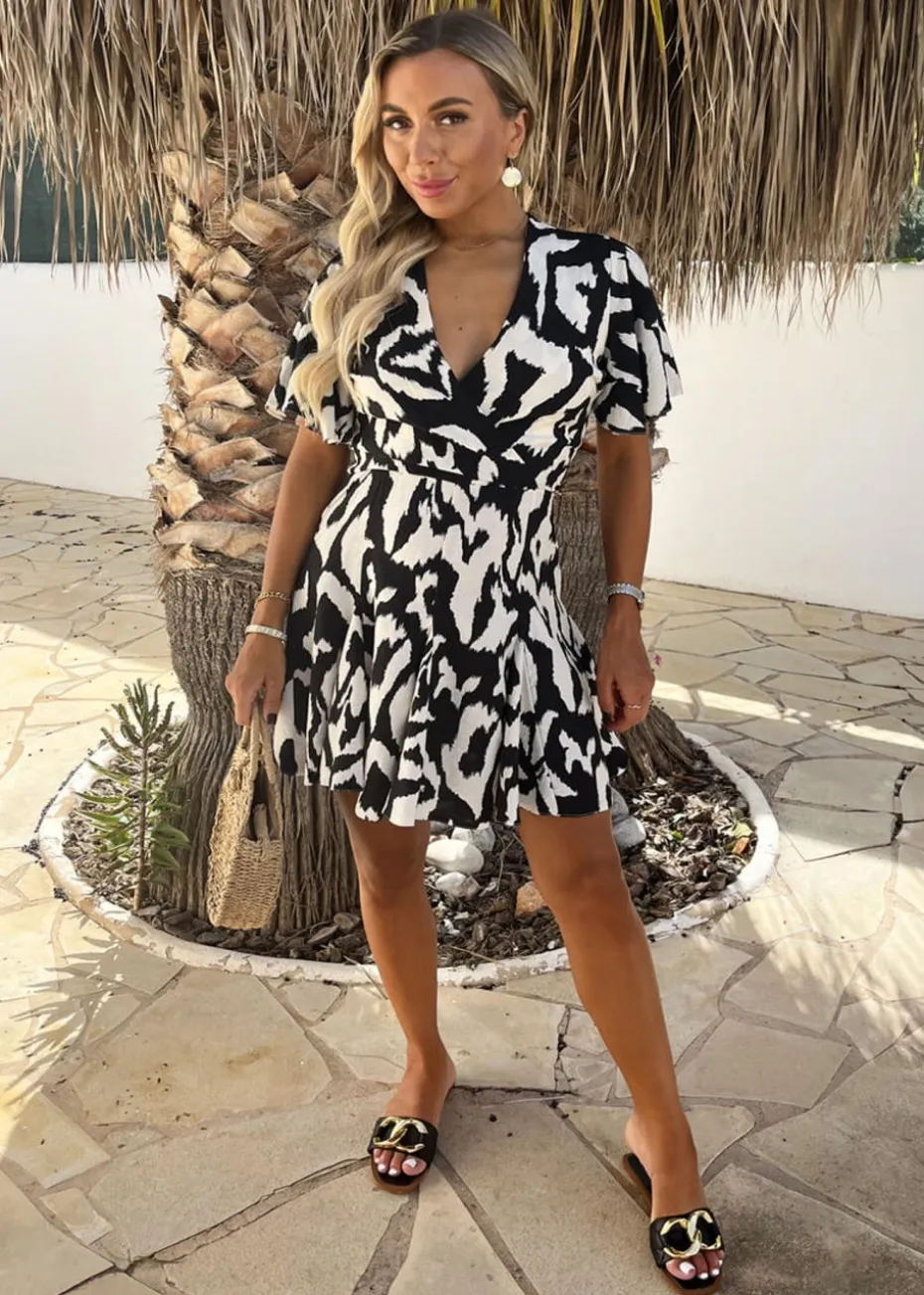 AX Paris Black And White Abstract Print Wrap Top Skater Mini Dress