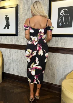 AX Paris Black Floral Print Cowl Neck Bardot Gathered Skirt Midi Dress