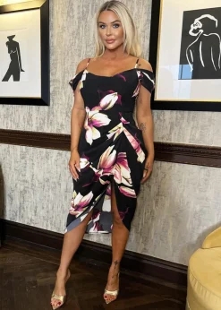 AX Paris Black Floral Print Cowl Neck Bardot Gathered Skirt Midi Dress