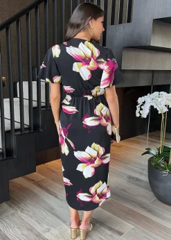 AX Paris Black Floral Print Short Sleeve Ring Detail Wrap Midi Dress