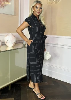 AX Paris Black Geometric Print Tie Waist Shirt Midi Dress