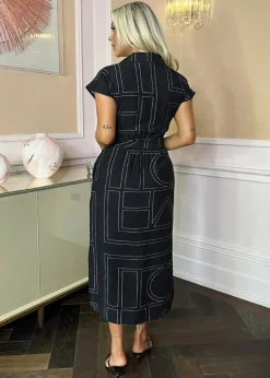 AX Paris Black Geometric Print Tie Waist Shirt Midi Dress