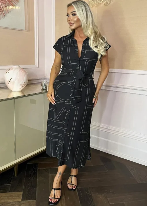 AX Paris Black Geometric Print Tie Waist Shirt Midi Dress