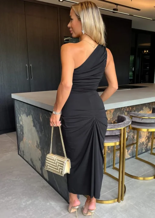 AX Paris Black One Shoulder Knot Skirt Midi Dress