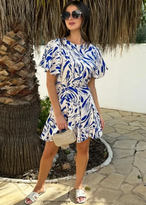 AX Paris Blue Brush Stroke Print Butterfly Sleeve Skater Mini Dress