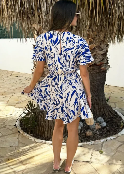 AX Paris Blue Brush Stroke Print Butterfly Sleeve Skater Mini Dress