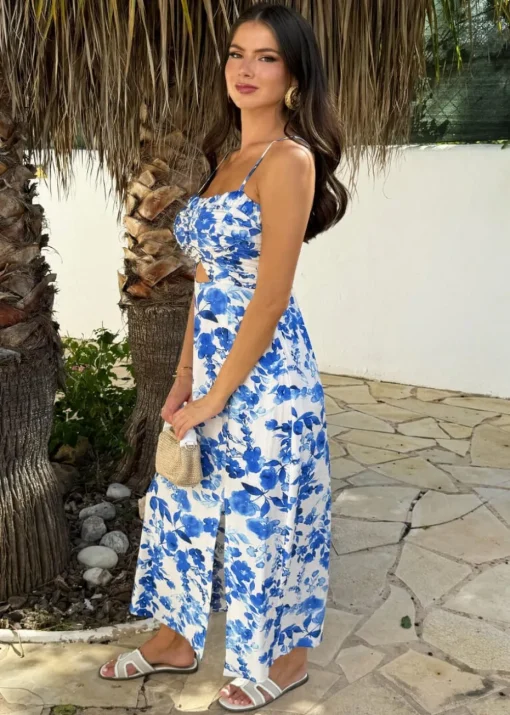 AX Paris Blue Floral Print Strappy Cut Out Midi Dress