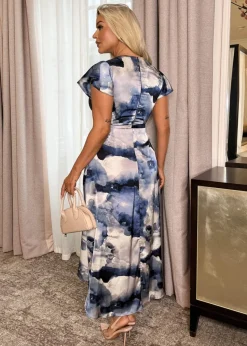 AX Paris Blue Marble Print Short Sleeve Belted Wrap Midi Dress