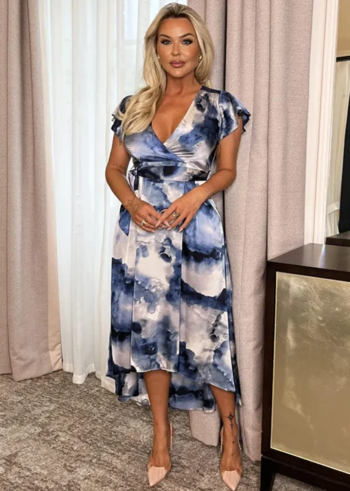 AX Paris Blue Marble Print Short Sleeve Belted Wrap Midi Dress